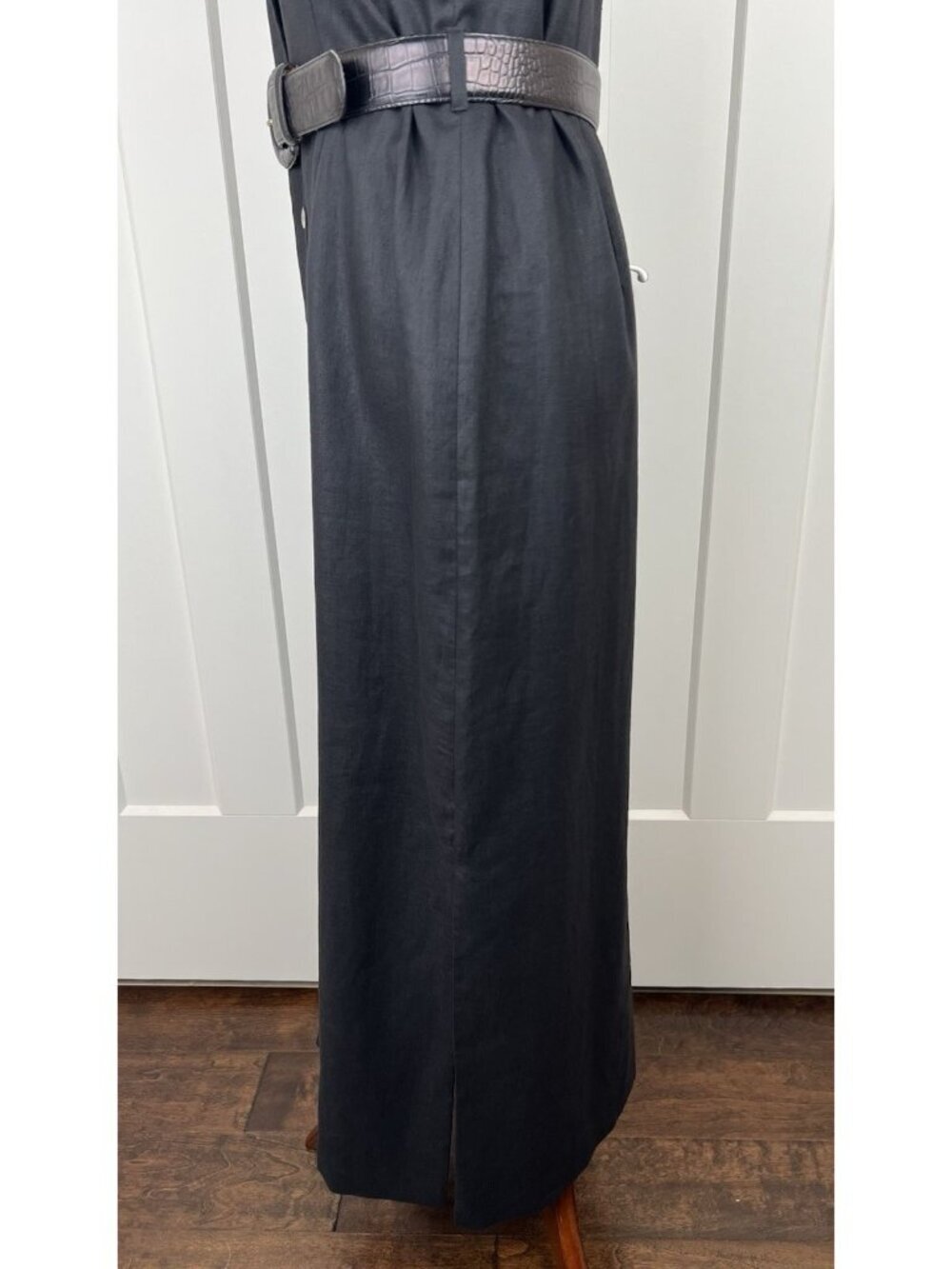 Vintage Harold’s Linen Shirt Dress Black Ivory Stitch Belted Midi Size 6 Sleek - Picture 7 of 16